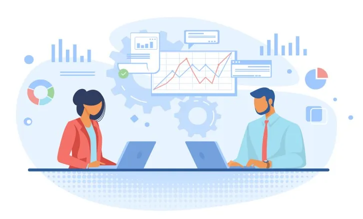 Illustration of two accountants working on laptops in front of charts and graphs