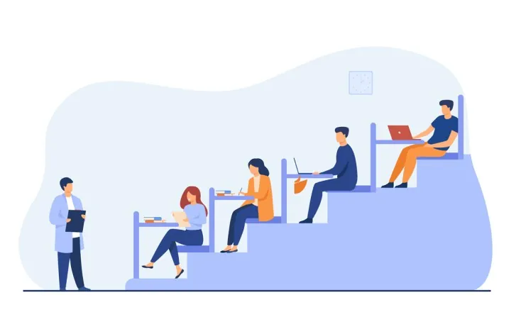 Illustration of students studying at desks placed on a rising staircase while a teacher with a clipboard watches