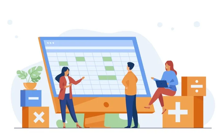 Illustration of three people discussing a large spreadsheet on a computer screen, next to blocks showing maths symbols