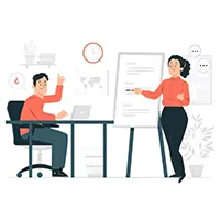 Illustration of a teacher pointing at a whiteboard while a student at a desk raises his hand