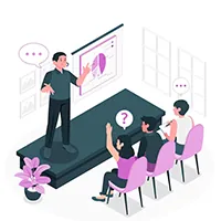 Illustration of a teacher presenting a chart to a small group of students