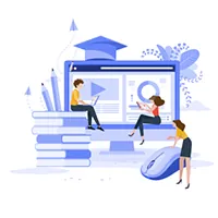 Illustration of students with laptops and books in front of a large screen with a graduation cap