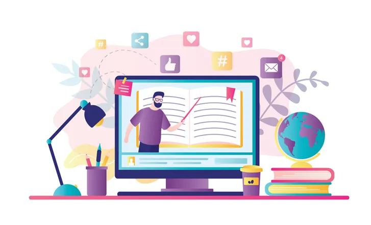 Illustration of a teacher giving a lesson on a computer screen on a desk with books, a lamp and a globe
