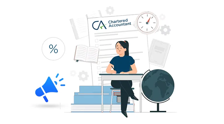 Illustration of a student writing at a desk in front of a large CA checklist, with a clock, a globe, a stack of books and a megaphone