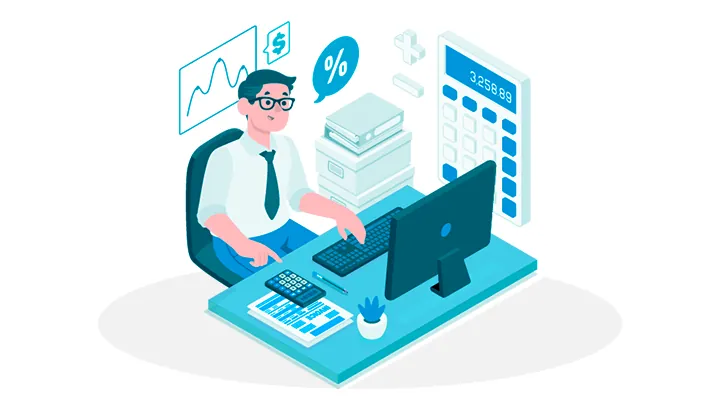 Illustration of an accountant working at a computer with files, a calculator and charts