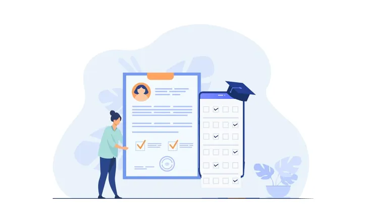 Illustration of a student beside a large result sheet with ticks and a phone showing a checklist