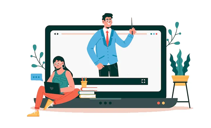 Illustration of a student with a laptop sitting beside a stack of books in front of a large screen showing a teacher with a pointer