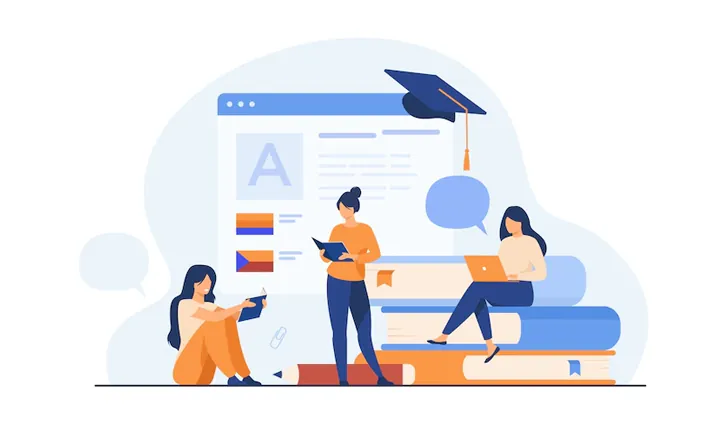Illustration of three students reading and working on a laptop beside a stack of books, a web page and a graduation cap