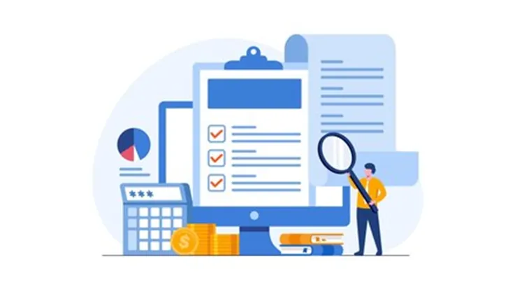 Illustration of a person with a magnifying glass beside a large checklist, a computer screen, a calculator, coins and a stack of books