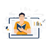 Illustration of a student reading a book in front of a laptop screen with charts around it