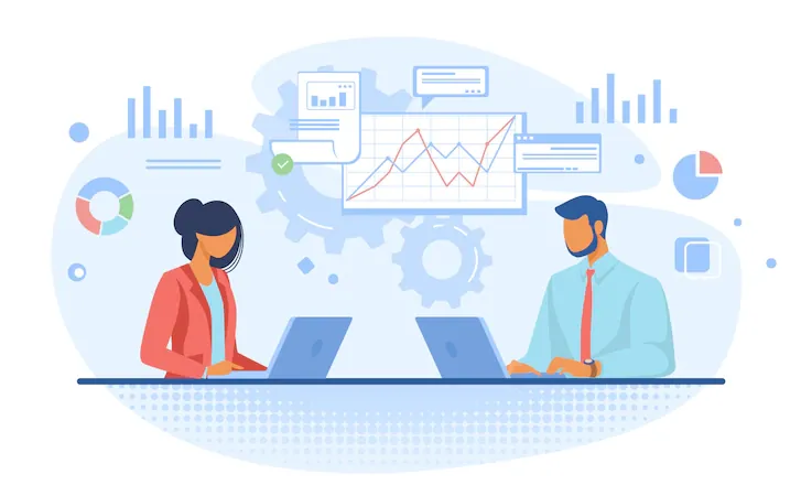 Illustration of two professionals at laptops with charts and graphs behind them