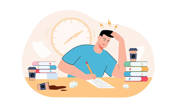 Illustration of a stressed student writing an answer in front of a large clock, between piles of books and coffee cups