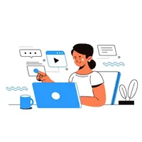 Illustration of a woman at a laptop tapping a floating video player, with chat bubbles, a coffee mug and a plant around her