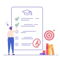Illustration of a student ticking items on a large checklist beside a stack of books and a target