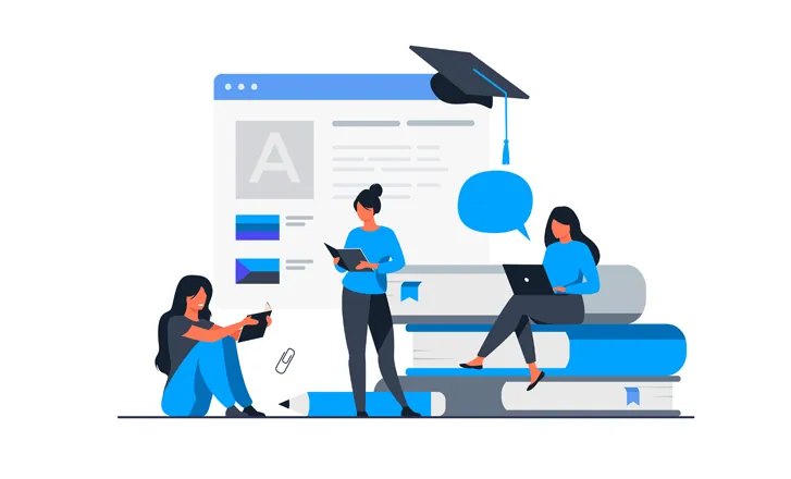 Illustration of three students reading books and using a laptop beside a stack of large books