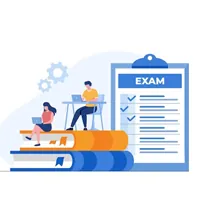 Illustration of two students studying on a stack of books next to an exam checklist