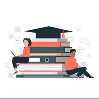 Illustration of two students with laptops sitting against a tall stack of books topped with a graduation cap