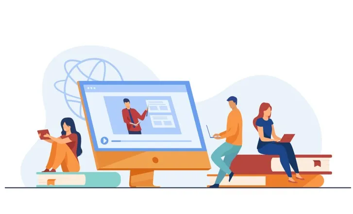 Illustration of three students with a tablet and laptops sitting on books next to a large screen showing a video lecture