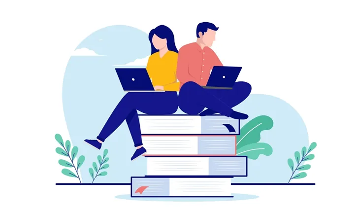 Illustration of two students with laptops sitting back to back on a stack of books
